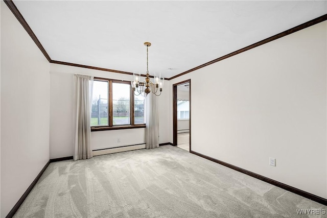 187 Dan Troy Dr, Amherst, NY 14221 - empty room with crown molding, a chandelier, a baseboard heating unit, light carpet, and a baseboard radiator