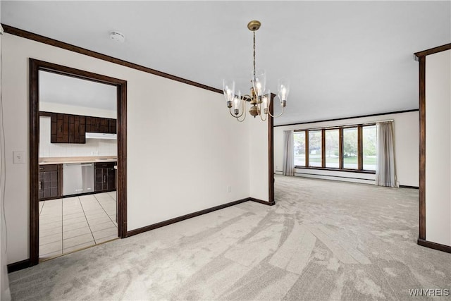 187 Dan Troy Dr, Amherst, NY 14221 - unfurnished dining area featuring light carpet, a chandelier, baseboards, ornamental molding, and a baseboard radiator