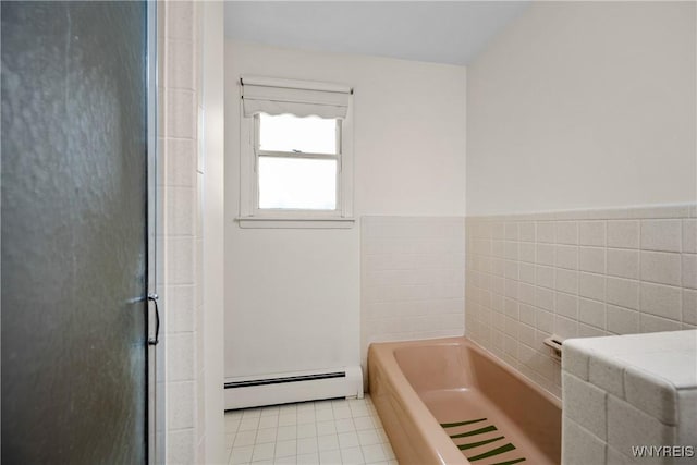 187 Dan Troy Dr, Amherst, NY 14221 - bathroom featuring a baseboard heating unit, a stall shower, tile patterned floors, a bath, and tile walls