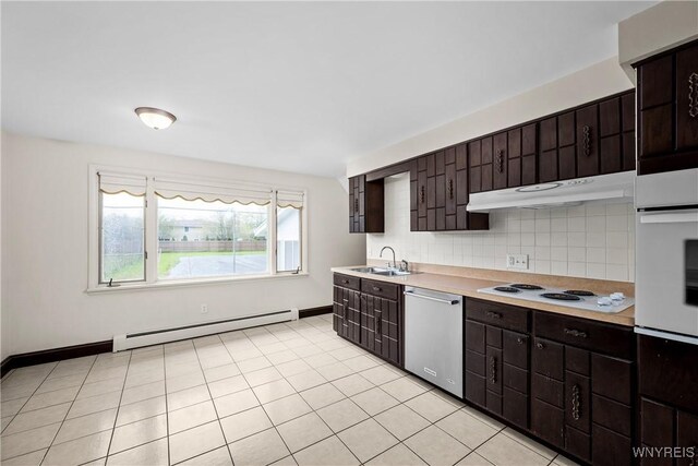 187 Dan Troy Dr, Amherst, NY 14221 - kitchen with a baseboard heating unit, white appliances, a sink, light countertops, and dark brown cabinetry