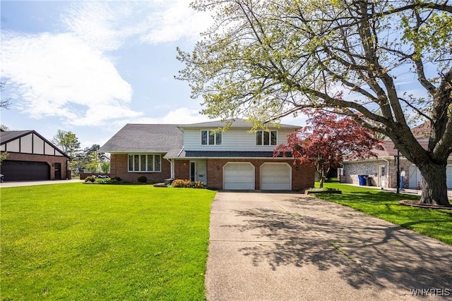 187 Dan Troy Dr, Amherst, NY 14221 - traditional-style home with brick siding, a front yard, an attached garage, and concrete driveway
