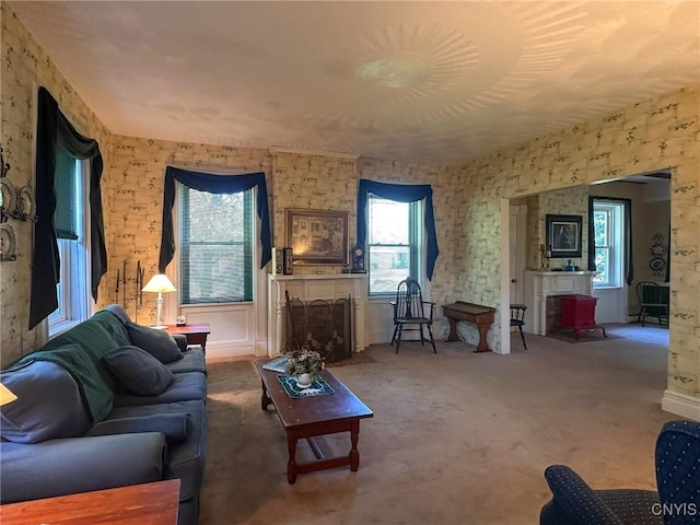 1401 Utica St, Whitestown, NY 13424 - living area with a fireplace, plenty of natural light, and carpet flooring