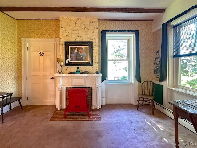 1401 Utica St, Whitestown, NY 13424 - living area featuring beam ceiling, wallpapered walls, and carpet flooring