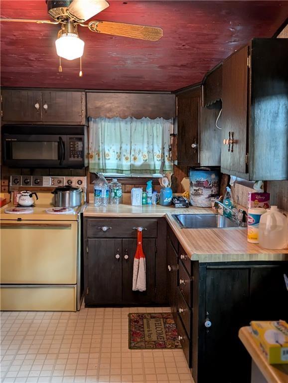 9107 E Shore Rd, Howard, NY 14810 - kitchen with black microwave, white electric range, a sink, light countertops, and dark brown cabinets