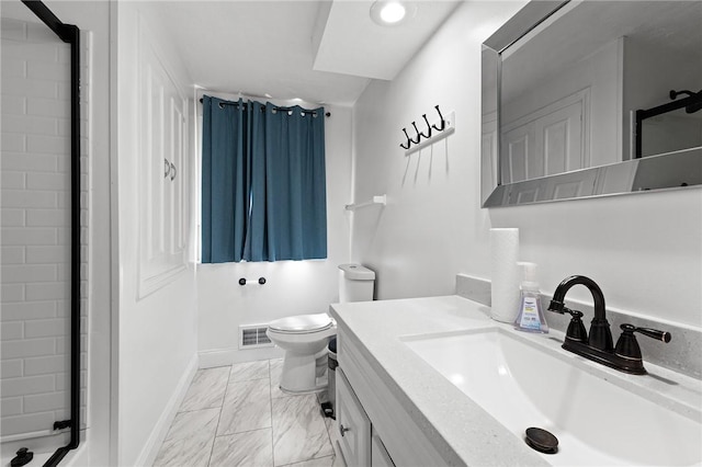 35 Squire Cir, Penfield, NY 14526 - bathroom with marble look tile flooring, toilet, vanity, a shower, and baseboards