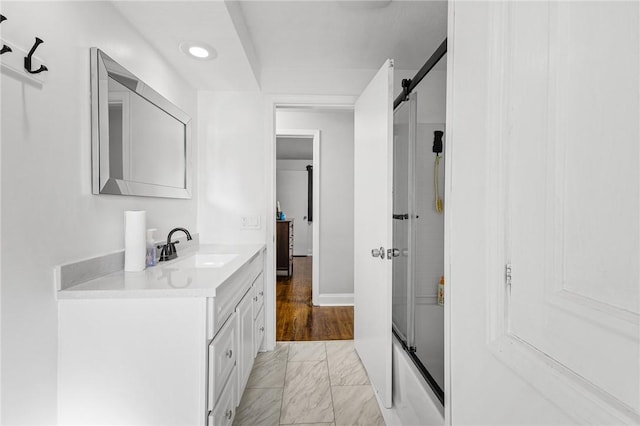 35 Squire Cir, Penfield, NY 14526 - full bath featuring vanity, enclosed tub / shower combo, marble finish floors, and recessed lighting