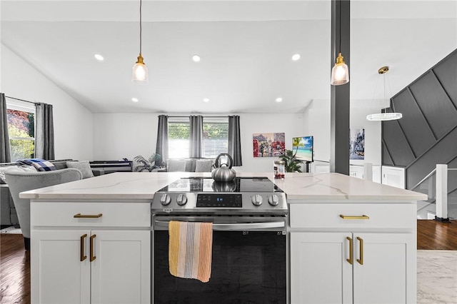 35 Squire Cir, Penfield, NY 14526 - kitchen with electric stove, open floor plan, light stone countertops, white cabinets, and pendant lighting
