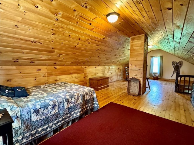 225 John Cook Rd, Unadilla, NY 13849 - bedroom featuring wood-type flooring, lofted ceiling, wooden walls, and wooden ceiling