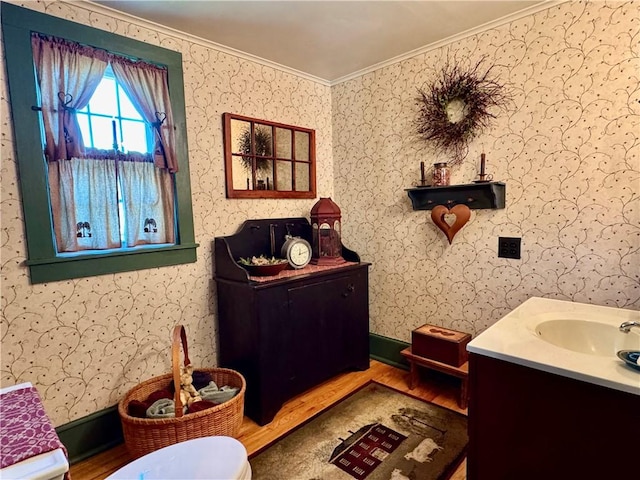 225 John Cook Rd, Unadilla, NY 13849 - bathroom with crown molding, wood finished floors, vanity, and toilet
