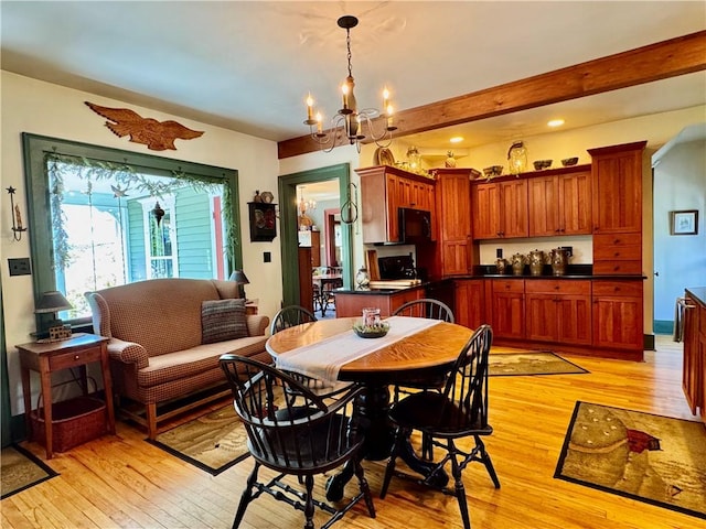 225 John Cook Rd, Unadilla, NY 13849 - dining area featuring light wood finished floors, a chandelier, beam ceiling, and recessed lighting