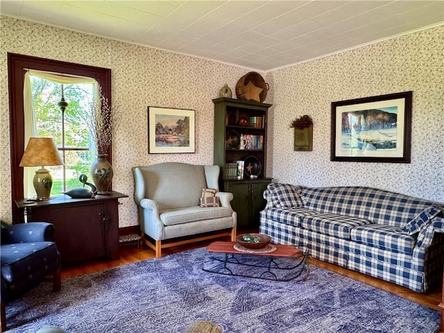 225 John Cook Rd, Unadilla, NY 13849 - living area with crown molding, wood finished floors, and wallpapered walls