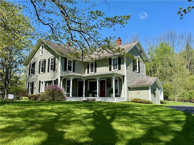 225 John Cook Rd, Unadilla, NY 13849 - back of house featuring covered porch, a chimney, a lawn, and a garage