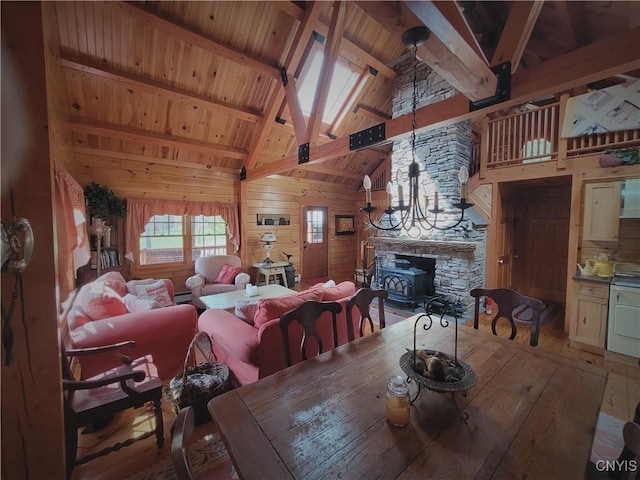 177 Woodchuck Run, Jefferson, NY 12093 - dining area featuring wood walls, wood ceiling, high vaulted ceiling, beamed ceiling, and wood finished floors