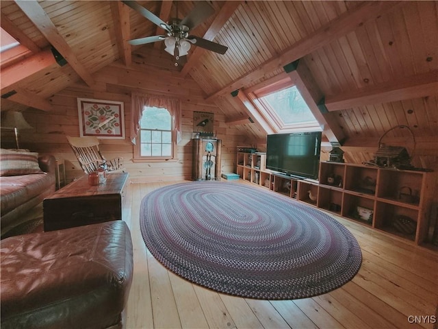 177 Woodchuck Run, Jefferson, NY 12093 - living area featuring hardwood / wood-style floors, ceiling fan, wood walls, a skylight, and wood ceiling