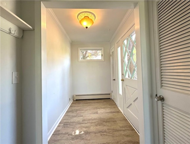 5 Orchard Dr, Corning, NY 14830 - doorway with a baseboard radiator, crown molding, wood finished floors, and baseboards