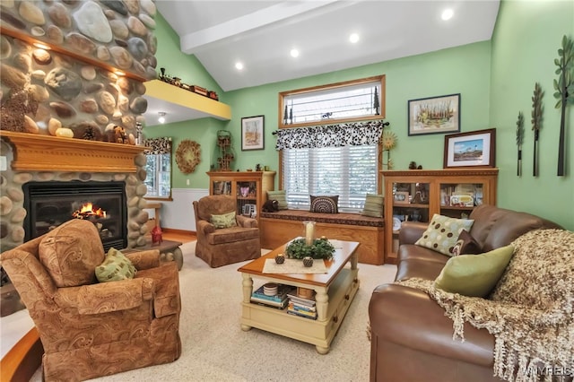 233 Falls Rd, Aurora, NY 14170 - living area featuring a fireplace, healthy amount of natural light, recessed lighting, and carpet flooring