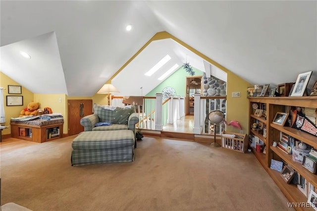 233 Falls Rd, Aurora, NY 14170 - living area with carpet flooring, lofted ceiling, and an upstairs landing