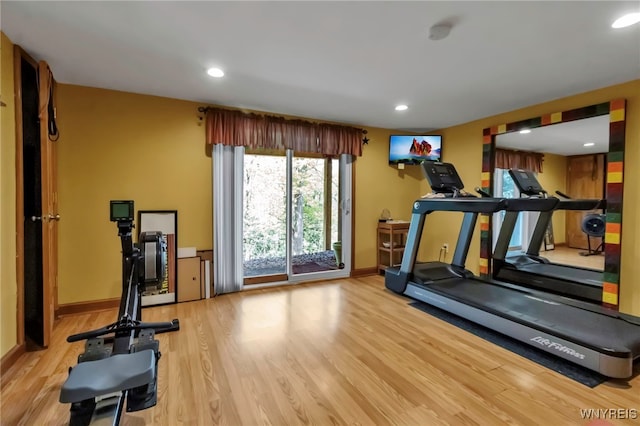 233 Falls Rd, Aurora, NY 14170 - exercise room with baseboards, wood finished floors, and recessed lighting