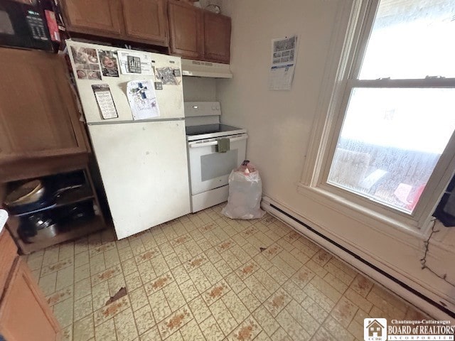 154 N Portage St, Westfield, NY 14787 - kitchen with white appliances, under cabinet range hood, a baseboard radiator, and healthy amount of natural light