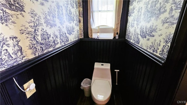 24 Grover St, Auburn, NY 13021 - bathroom with wallpapered walls, a wainscoted wall, and toilet