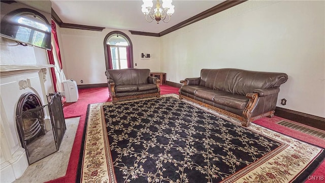24 Grover St, Auburn, NY 13021 - carpeted living area with crown molding, a chandelier, and baseboards