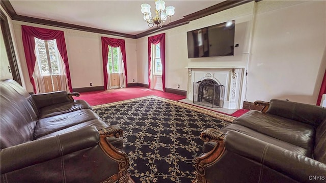24 Grover St, Auburn, NY 13021 - living area with ornamental molding, a fireplace, baseboards, a chandelier, and carpet floors