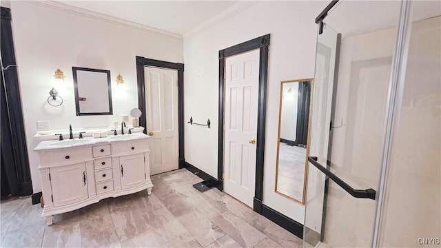 24 Grover St, Auburn, NY 13021 - bathroom with double vanity, ornamental molding, and marble finish flooring