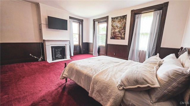 24 Grover St, Auburn, NY 13021 - bedroom featuring carpet floors, a fireplace with flush hearth, and wainscoting