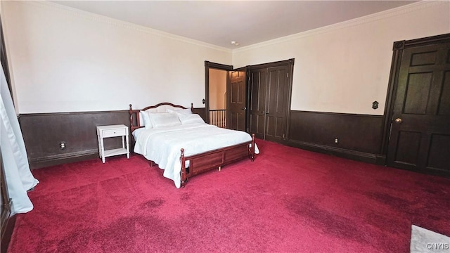 24 Grover St, Auburn, NY 13021 - bedroom with carpet floors, ornamental molding, and a wainscoted wall