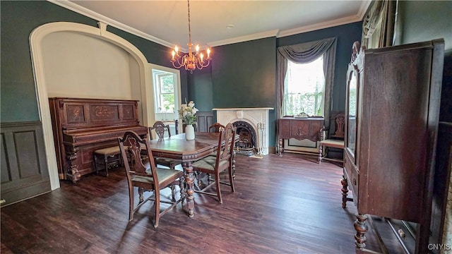 24 Grover St, Auburn, NY 13021 - dining room featuring a decorative wall, a chandelier, ornamental molding, dark wood-style floors, and a wainscoted wall