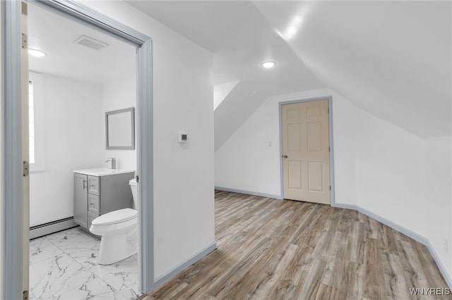 65 Kingsley St, Buffalo, NY 14208 - bathroom with a baseboard radiator, toilet, vanity, recessed lighting, and lofted ceiling