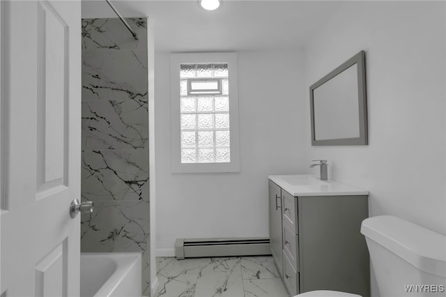 65 Kingsley St, Buffalo, NY 14208 - bathroom with a baseboard heating unit, marble look tiles, vanity, toilet, and bathtub / shower combination