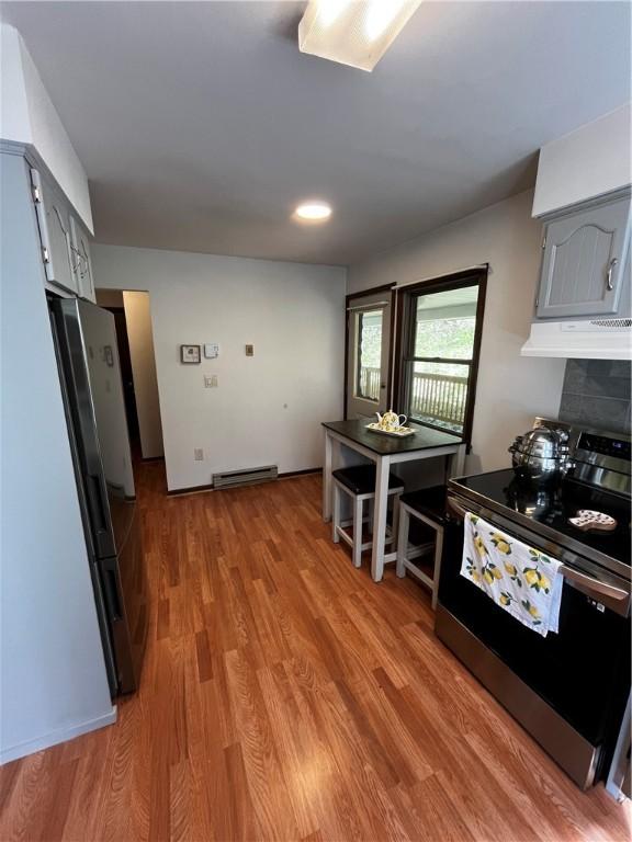 200 Torsten Ln, Davenport, NY 13750 - kitchen with electric range, under cabinet range hood, gray cabinetry, light wood-style floors, and a baseboard heating unit