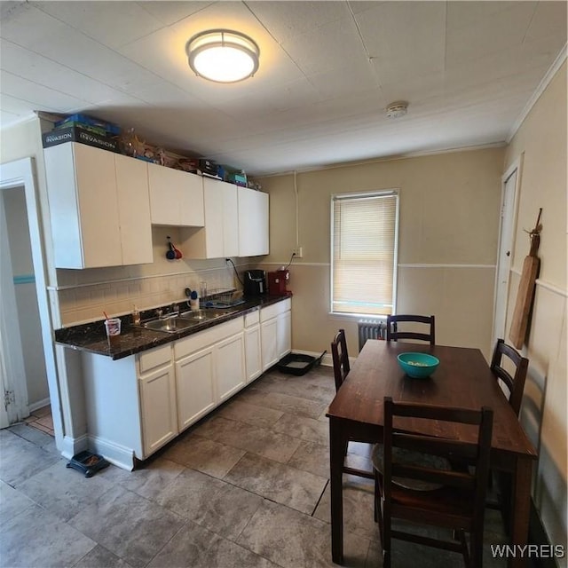 93 Austin St, Buffalo, NY 14207 - kitchen featuring a sink, radiator, white cabinetry, backsplash, and crown molding