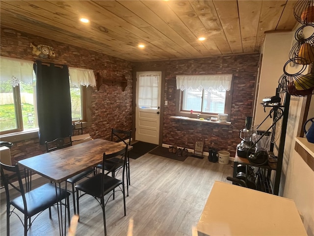 8 S St, Friendship, NY 14739 - dining area with wood ceiling, wood finished floors, plenty of natural light, brick wall, and recessed lighting