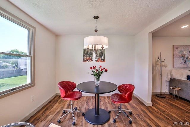 7025 Academy Ln, Lockport-Town, NY 14094 - dining space with wood finished floors, baseboards, a textured ceiling, a chandelier, and recessed lighting