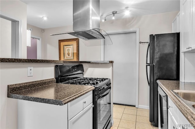 kitchen featuring black appliances, island exhaust hood, white cabinetry, and dark countertops