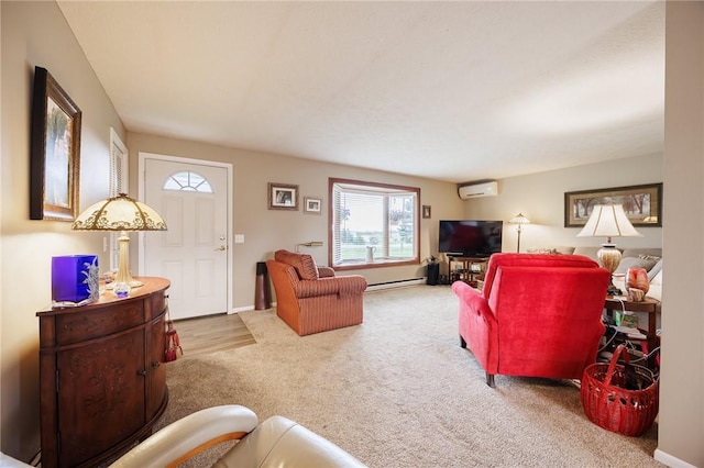 carpeted living area featuring a wall mounted AC, a baseboard heating unit, and baseboards
