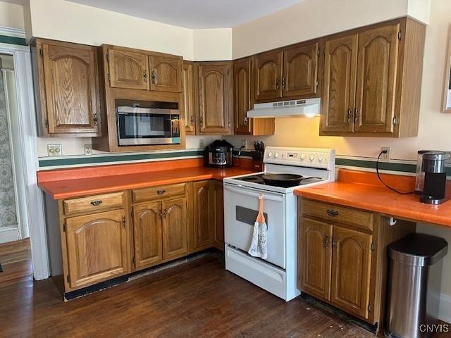 kitchen featuring electric stove, stainless steel microwave, under cabinet range hood, and dark wood-type flooring