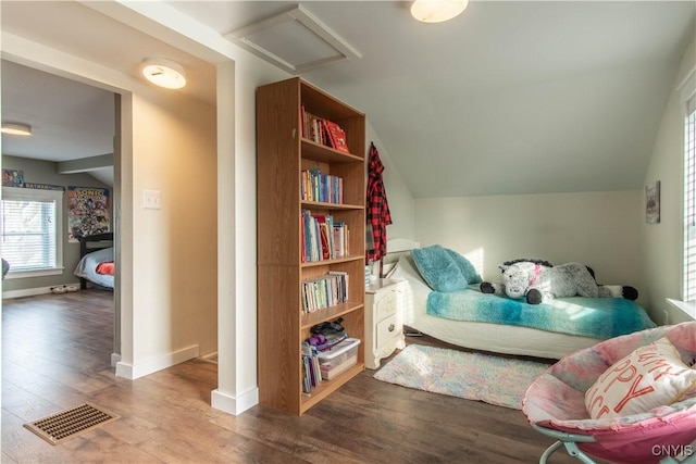 30622 Vanalstyne Rd, Clayton, NY 13622 - sitting room featuring lofted ceiling, wood finished floors, attic access, and baseboards