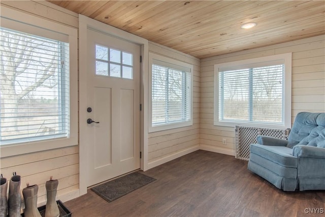 30622 Vanalstyne Rd, Clayton, NY 13622 - foyer featuring wooden ceiling, dark wood-style floors, wood walls, and baseboards