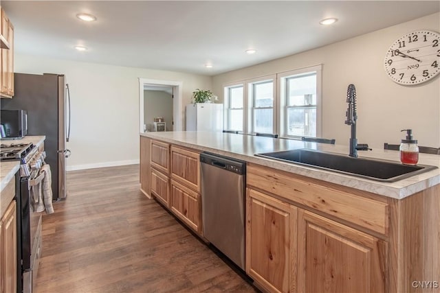 30622 Vanalstyne Rd, Clayton, NY 13622 - kitchen featuring appliances with stainless steel finishes, a sink, dark wood-type flooring, baseboards, and light countertops