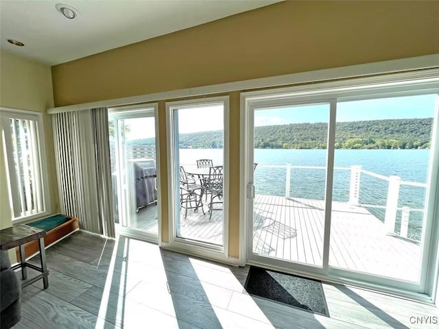 179 E Lake Rd, Deruyter, NY 13052 - entryway with a water view and dark tile patterned floors