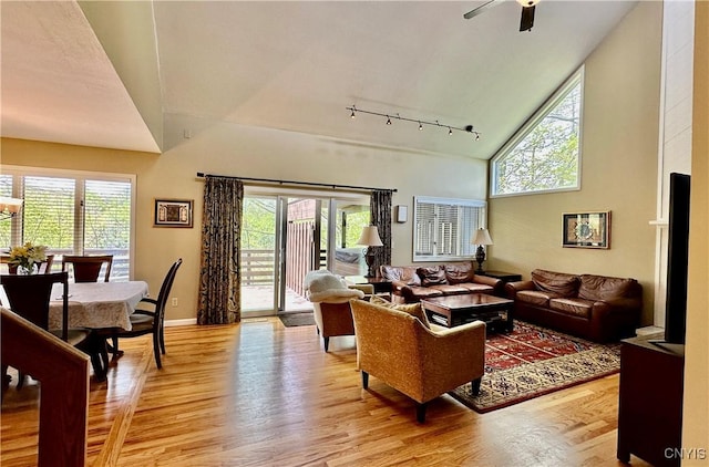 living room with light wood-style flooring, plenty of natural light, track lighting, and high vaulted ceiling