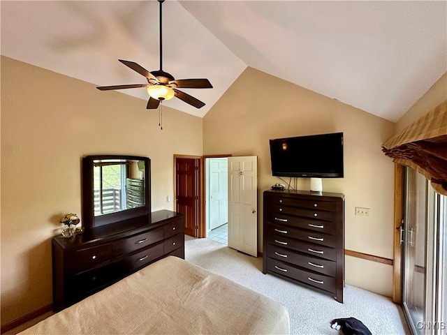 bedroom featuring light colored carpet, a ceiling fan, high vaulted ceiling, and baseboards