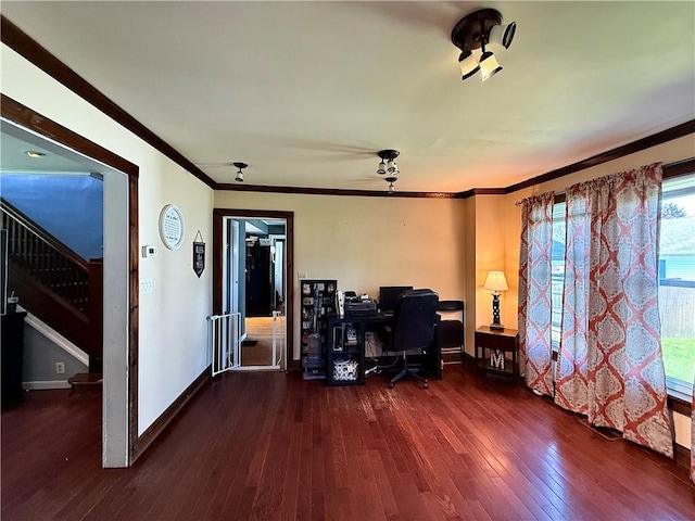 181 Dwight Ave, Corning-City, NY 14830 - office area featuring a ceiling fan, ornamental molding, wood-type flooring, and baseboards