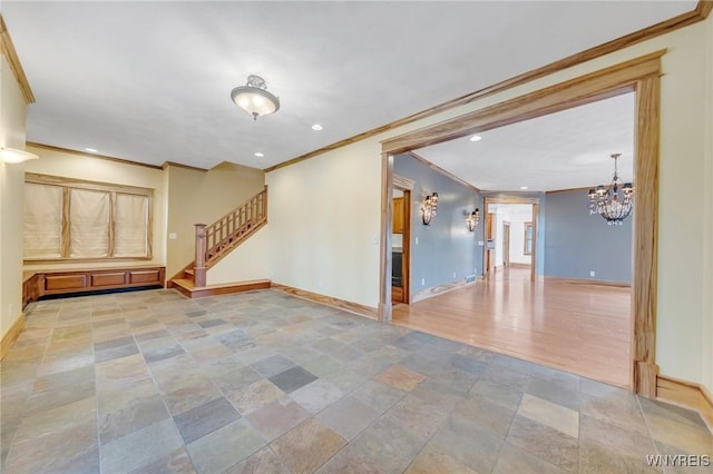 148 Mullen St, Tonawanda-City, NY 14150 - unfurnished room with ornamental molding, stone finish flooring, baseboards, a chandelier, and stairway