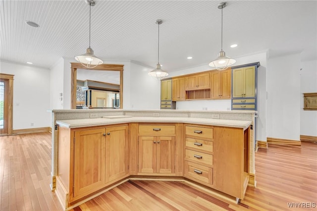148 Mullen St, Tonawanda-City, NY 14150 - kitchen with light wood-style floors, light countertops, baseboards, recessed lighting, and pendant lighting