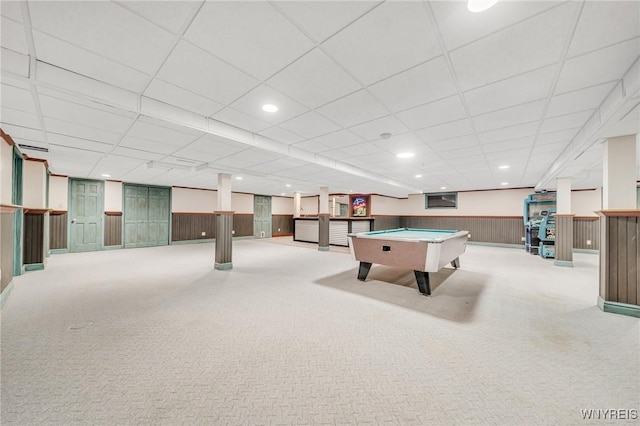 148 Mullen St, Tonawanda-City, NY 14150 - playroom featuring carpet floors, wainscoting, billiards table, a drop ceiling, and recessed lighting