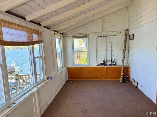 177 E Lake Rd, Deruyter, NY 13052 - unfurnished sunroom featuring vaulted ceiling, carpet flooring, wood walls, and wooden ceiling
